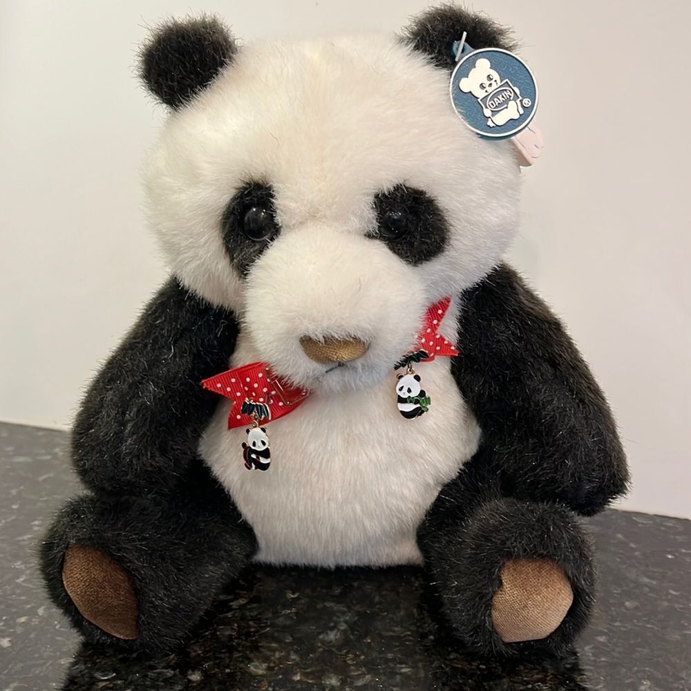 Dakin Vintage Ping Panda White Black Bear Bow Tie Stuffed Plush Toy Animal 1983